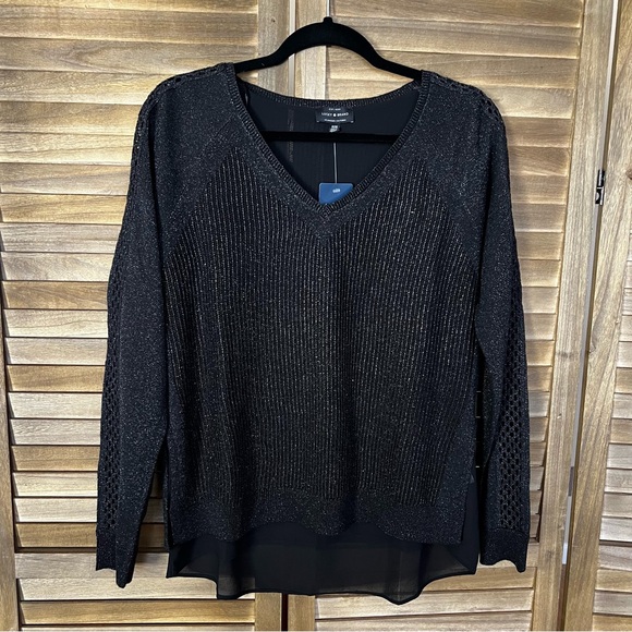 🎉 SALE! Lucky Brand Black V-Neck Sequin Shimmer Sweater Sheer Tank Medium NWT - Picture 1 of 9